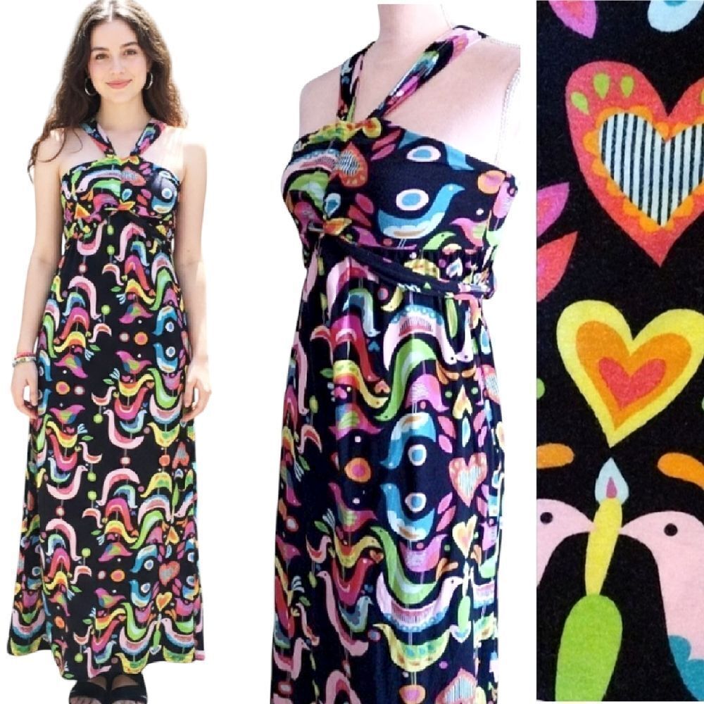 VTG 90s Black Colorful Birds Folk Art Print Sleeveless Halter Maxi Dress Small